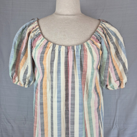 Madewell Mini Dress Womens XXS Puff-Sleeve Trapeze in Rainbow Stripe Colorful - Picture 3 of 14